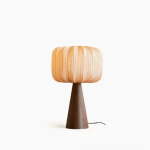 Talia pleated table lamp front view with beige fabric shade and walnut tapered wooden base on white background