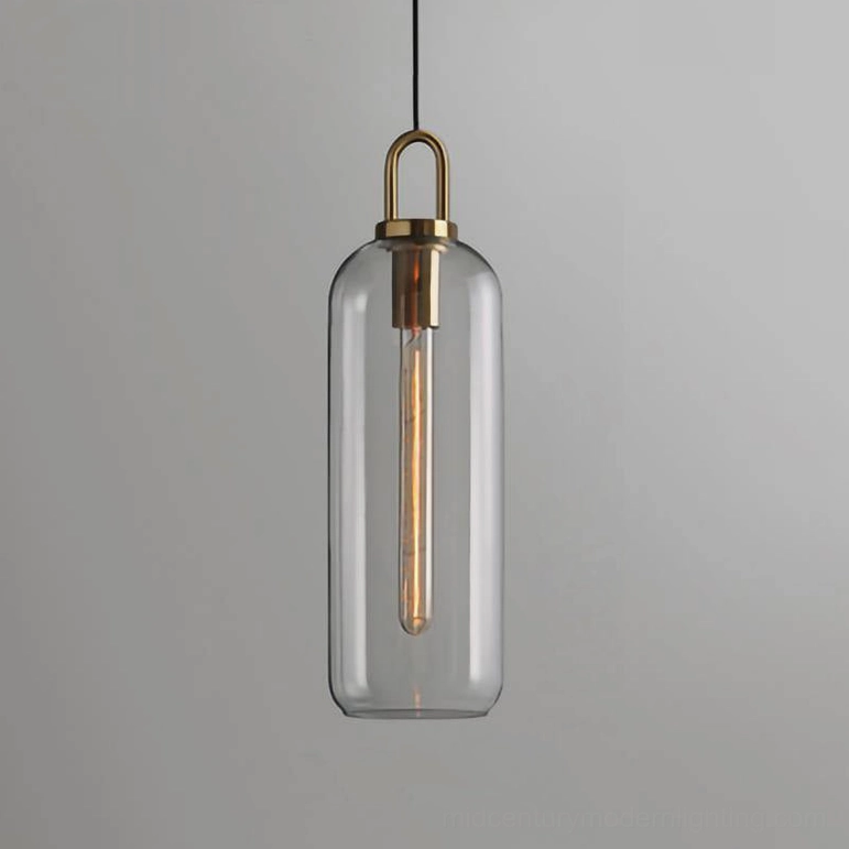 Tall capsule clear glass smoked pendant lamp in minimalist interior with visible light source