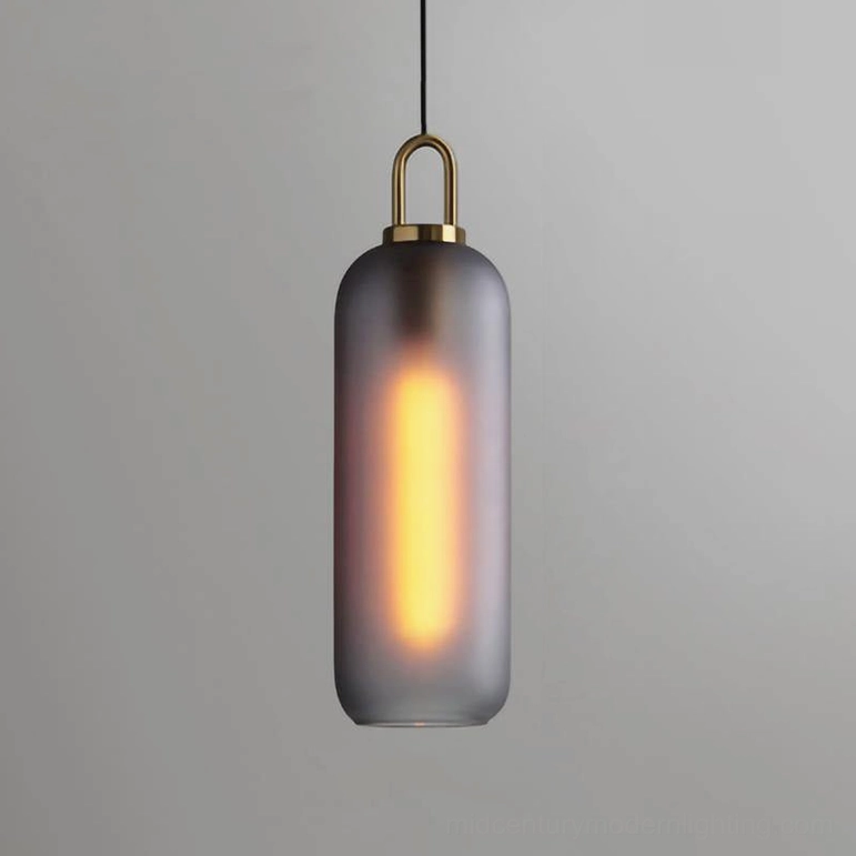 Tall cylindrical capsule smoked glass pendant in clear and frosted finish options shown side by side
