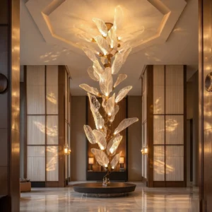 Tall 8.2-foot leaf branch chandelier hanging in luxury marble duplex lobby with warm integrated LED glow