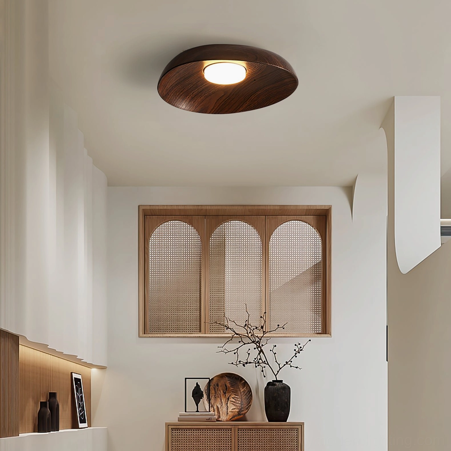 Tambo warm wood-grain ceiling lamp in minimalist living room with arched window decor, japandi style