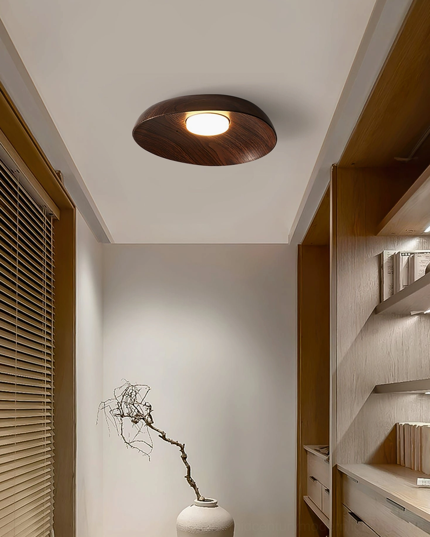 Tambo ceiling lamp in modern home study with wooden built-in shelves, japandi minimalist interior styling