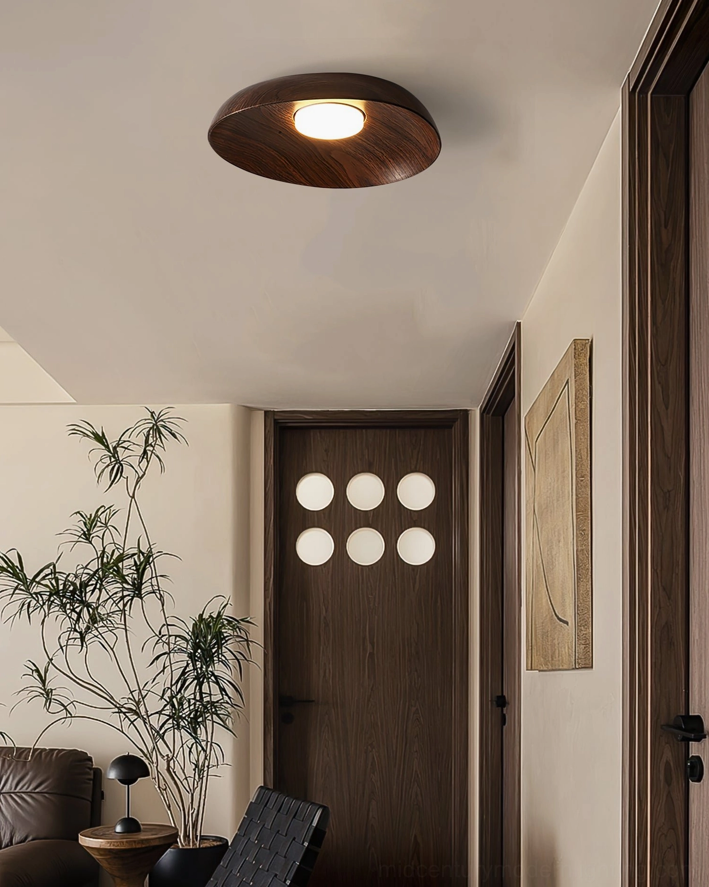 Tambo warm resin ceiling lamp in home entryway interior, eye-level perspective with dark wood door frame