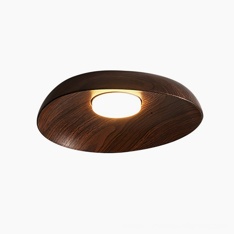Tambo warm walnut resin ceiling lamp, studio overhead view showcasing rounded design and organic material character