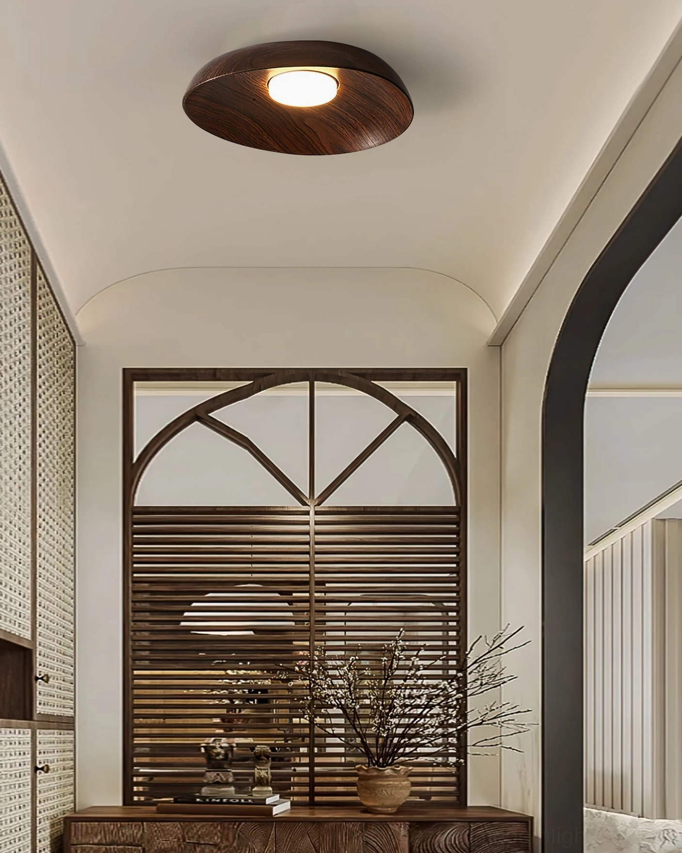 Tambo modern ceiling lamp in residential living room with arched louvered window, retro warm home setting
