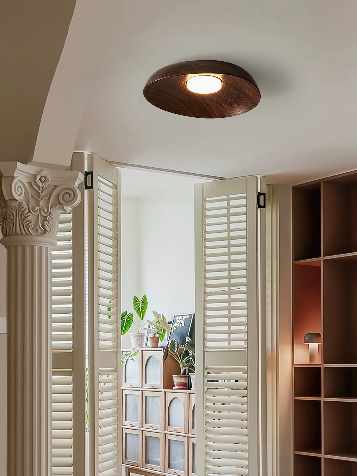 Tambo resin ceiling lamp in vintage home corridor with louvered shutters, neoclassical rustic décor