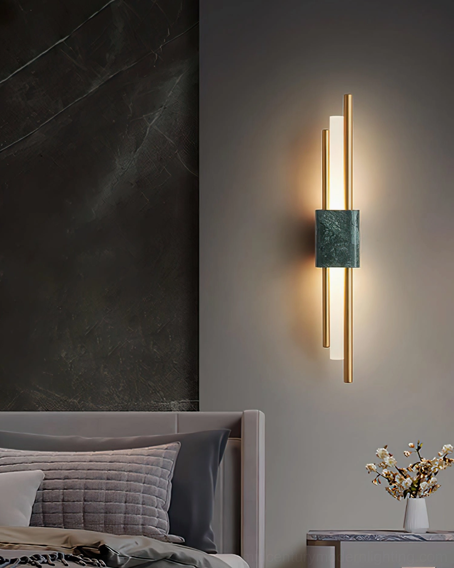 Tanto marble wall lamp showing brass rod framework and natural stone surface texture - artisan marble fixture