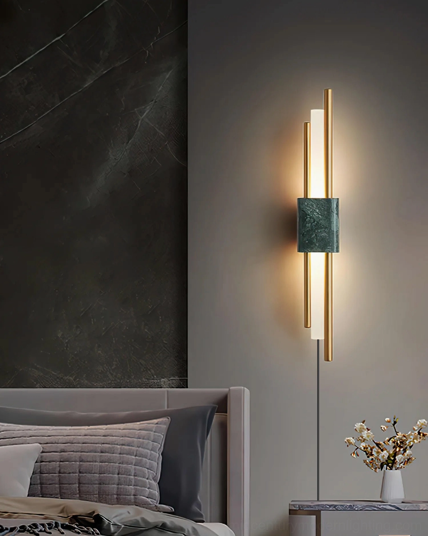 Tanto dark green marble wall light fixture mounted in modern bedroom, sculptural ambient lighting