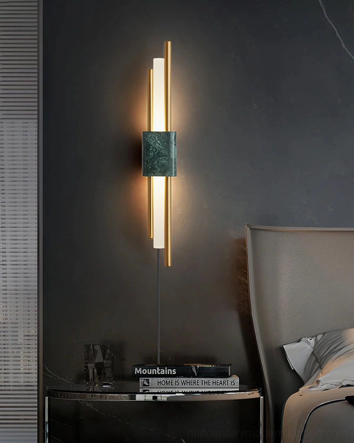 Tanto wall lamp with dark green marble base in luxury bedroom nightstand area, elegant side lighting