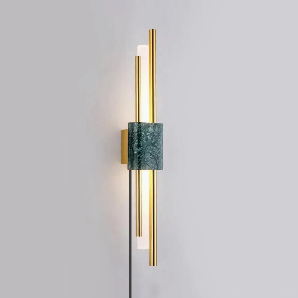Tanto deep green marble wall lamp with sculptural metal rod frame, unique contemporary design