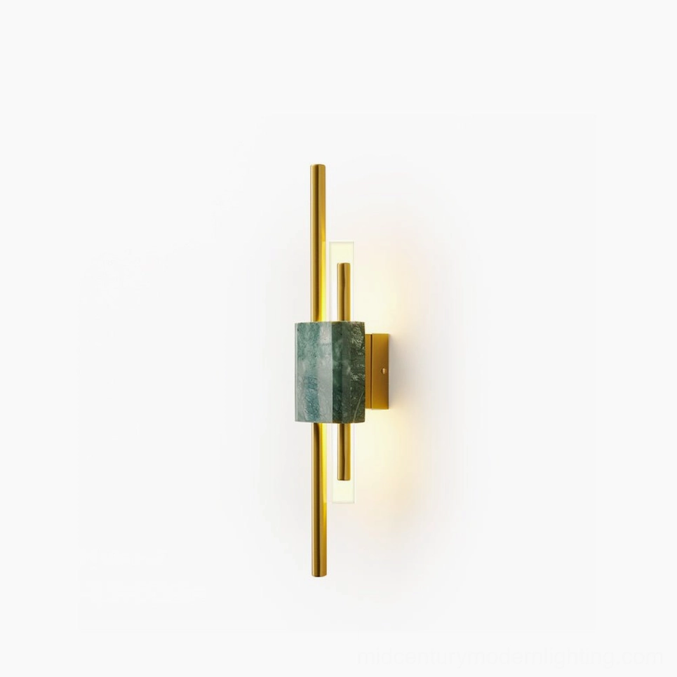 Tanto modern marble wall sconce with green marble and polished brass hardware on white background - contemporary minimalist wall light