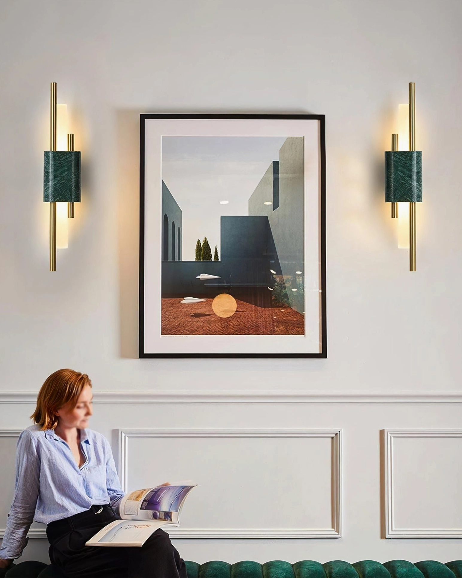 Pair of Tanto green marble wall sconces flanking artwork in luxury living room - matched minimalist wall lights