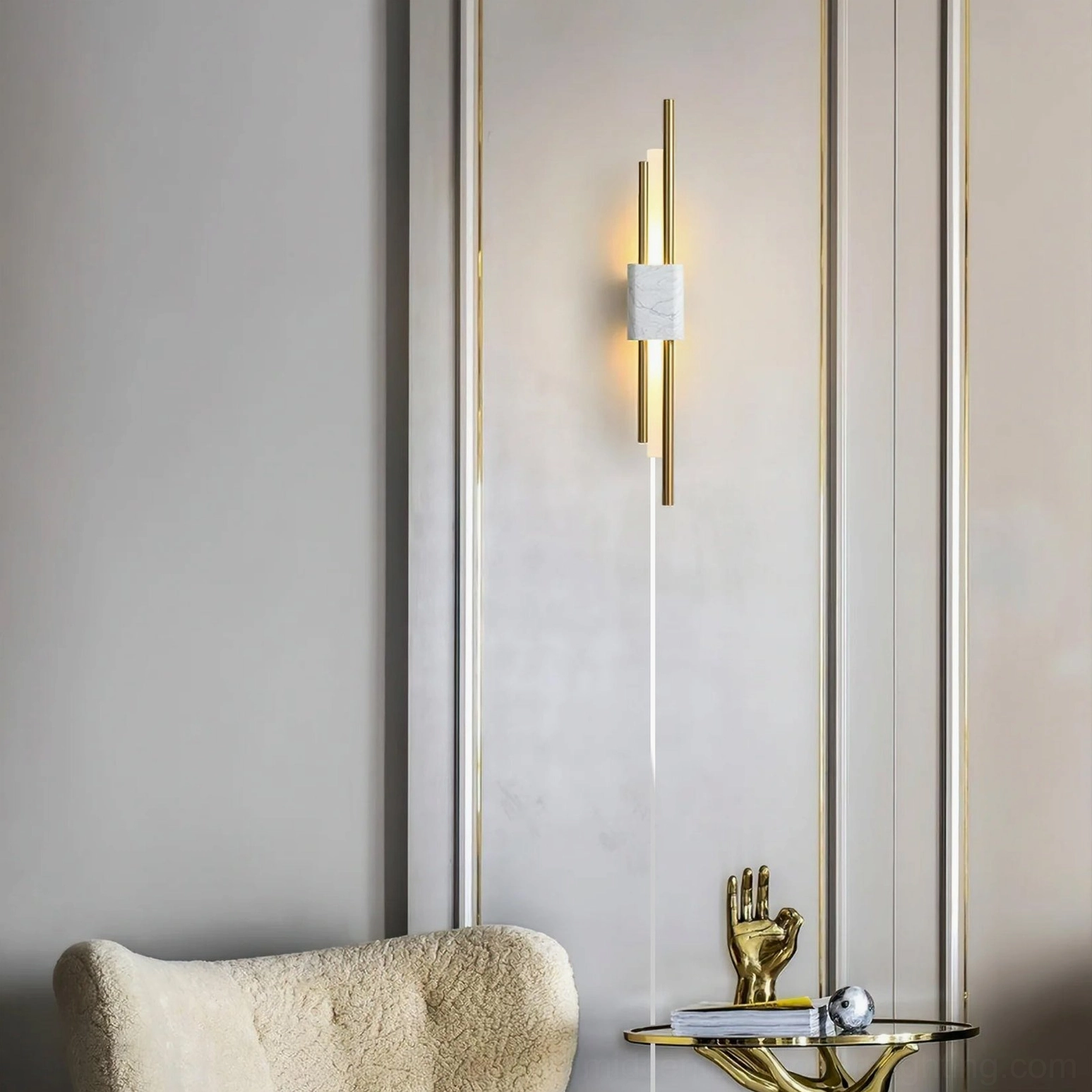 Tanto white marble wall sconce in modern minimalist living room setting, luxury home decor context