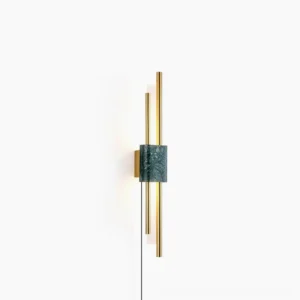 Tanto marble wall sconce with white stone socket and gold metal rods, modern minimalist design, side profile view