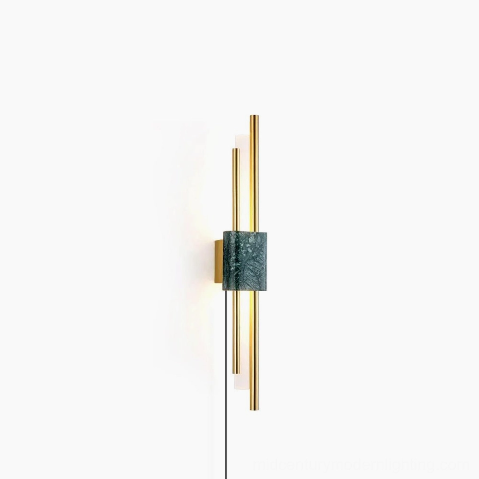 Tanto marble wall sconce with white stone socket and gold metal rods, modern minimalist design, side profile view