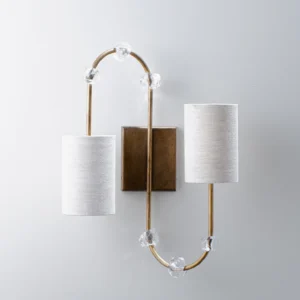 Tanyel two-light wall sconce with bronze metal frame and illuminated fabric shades, three-quarter view