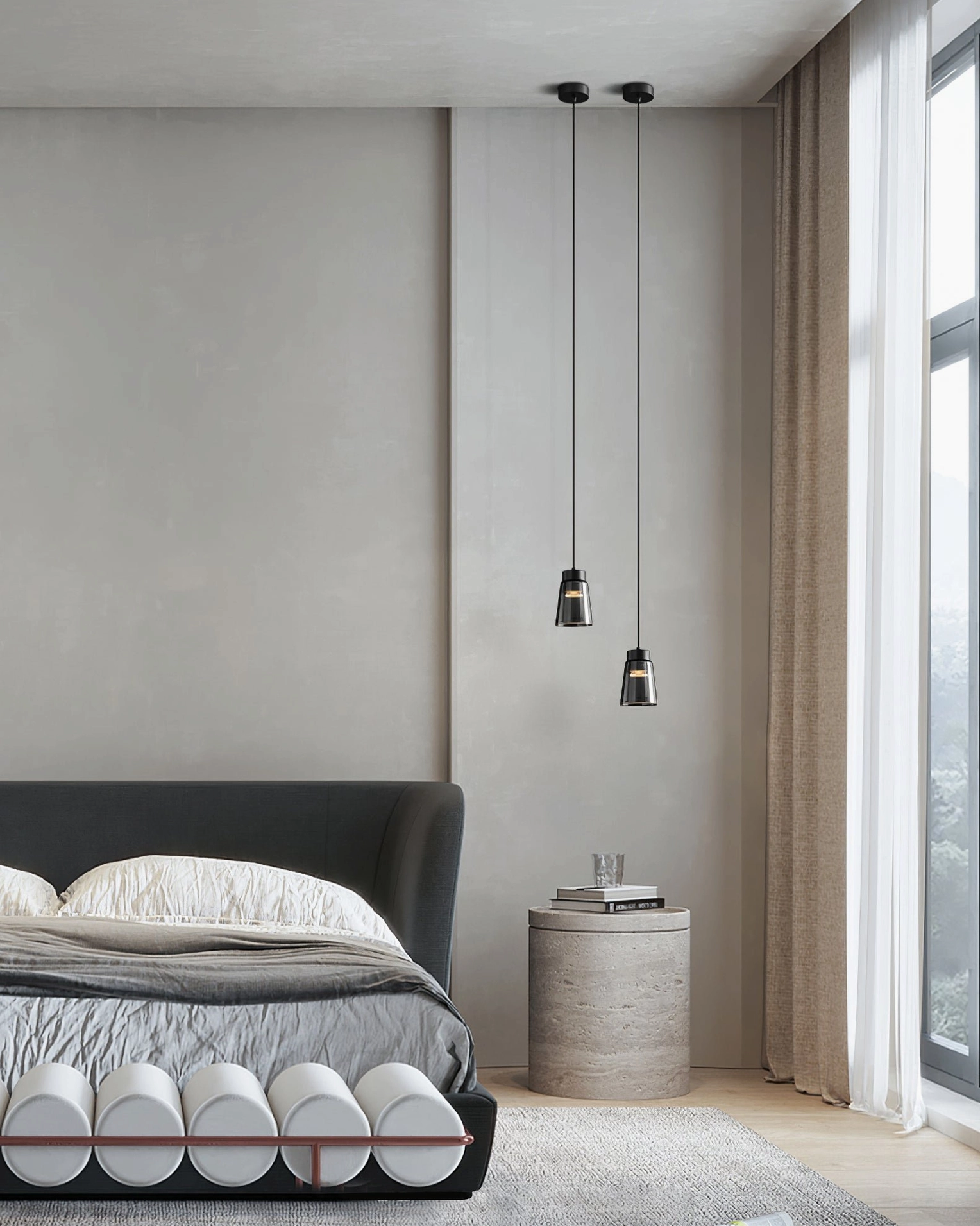 Contemporary pendant lamp with tapered smoke glass shade and black frame hardware