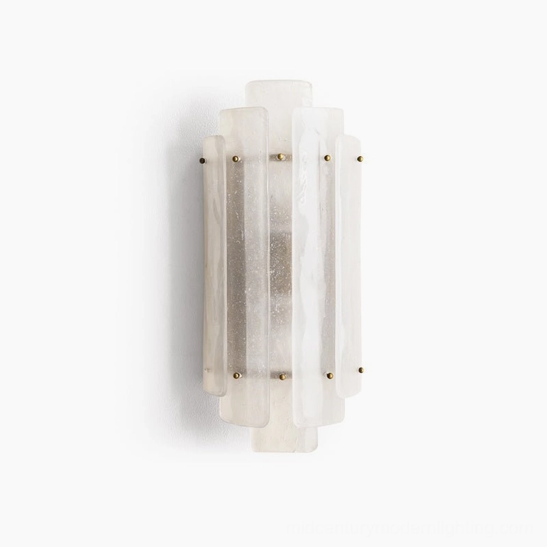 Tasha Art Deco wall sconce with frosted seeded glass and brushed gold brass hardware, studio view