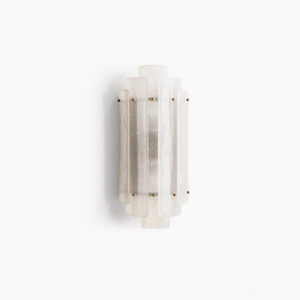 Tasha Art Deco wall sconce with seeded white bubble glass and brass accents, frontal studio view