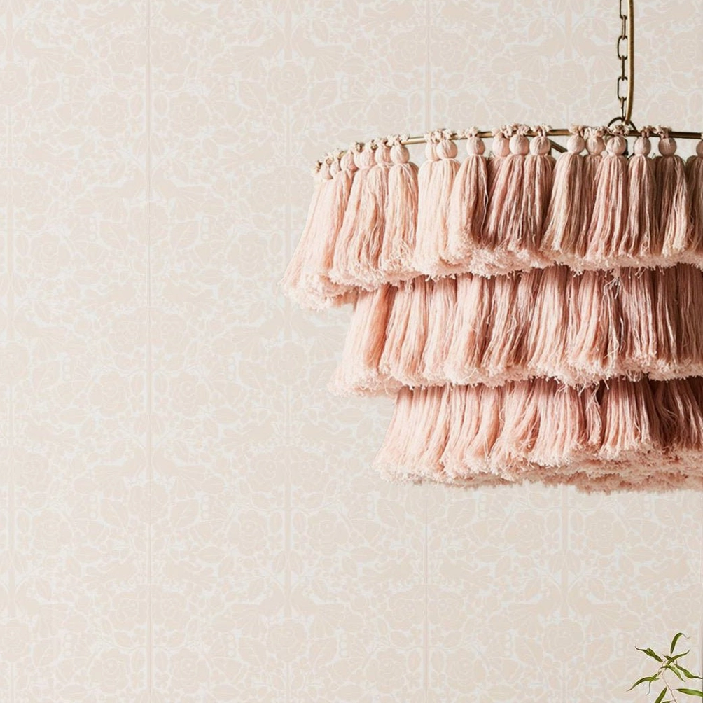 Bohemian tassel chandelier showing metal frame construction with layered fabric attachment points