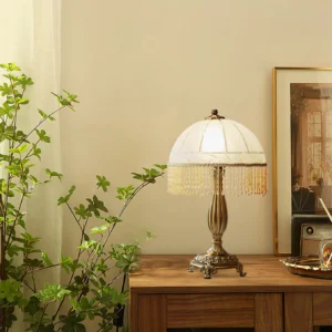 Brass table lamp with frosted glass shade and decorative tassel trim displayed on wooden vintage desk with potted green plant