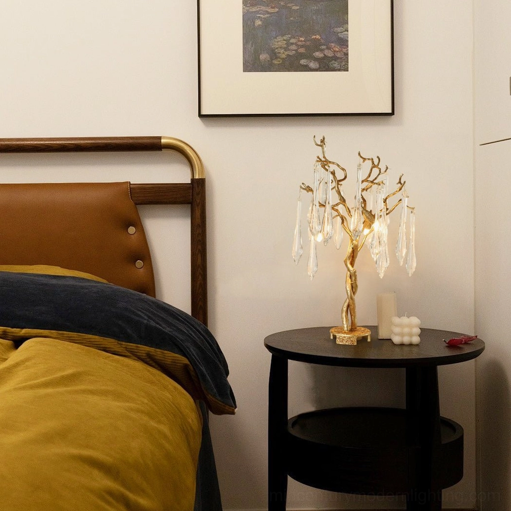 Teardrop Branch Table Lamp styled in luxury bedroom setting on bedside table creating sophisticated ambient lighting