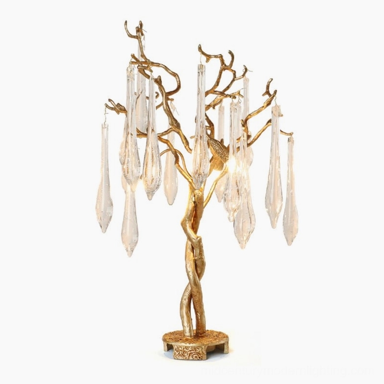 Teardrop Branch Table Lamp mid-century modern design with bronze antique finish brass and crystal glass elements