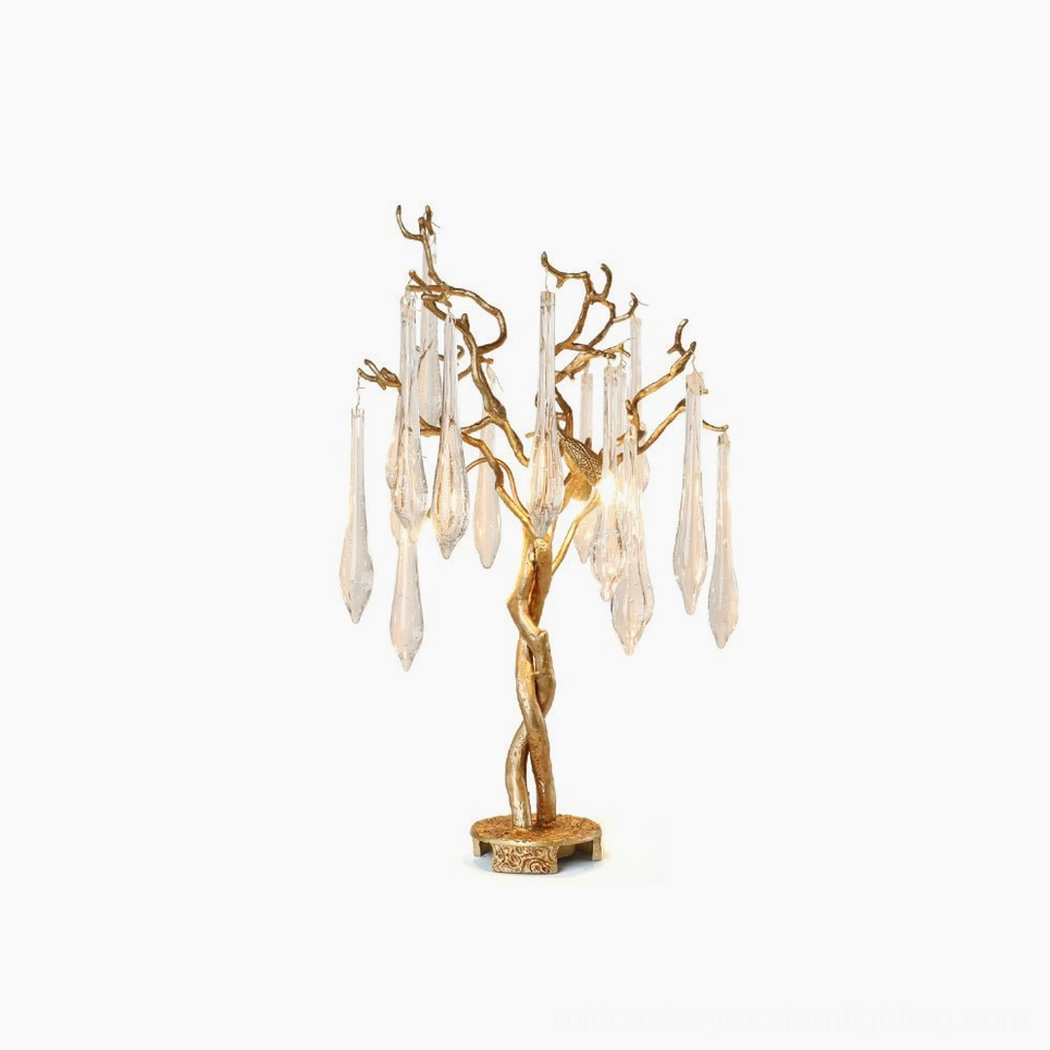Teardrop Branch Table Lamp front view showcasing full sculptural design with antique bronze twisted brass framework and suspended glass teardrop pendants