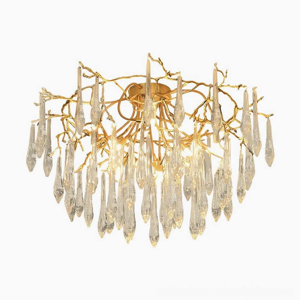 Teardrop crystal ceiling lamp in brass finish, complete fixture front perspective