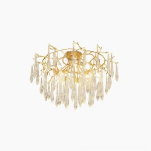 Teardrop crystal ceiling lamp with brass branches and hand-blown glass pendants, front view on white background