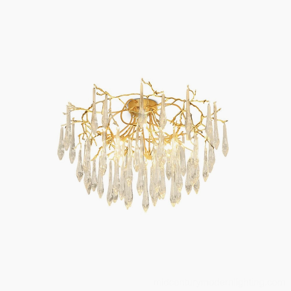 Teardrop crystal ceiling lamp with brass branches and hand-blown glass pendants, front view on white background