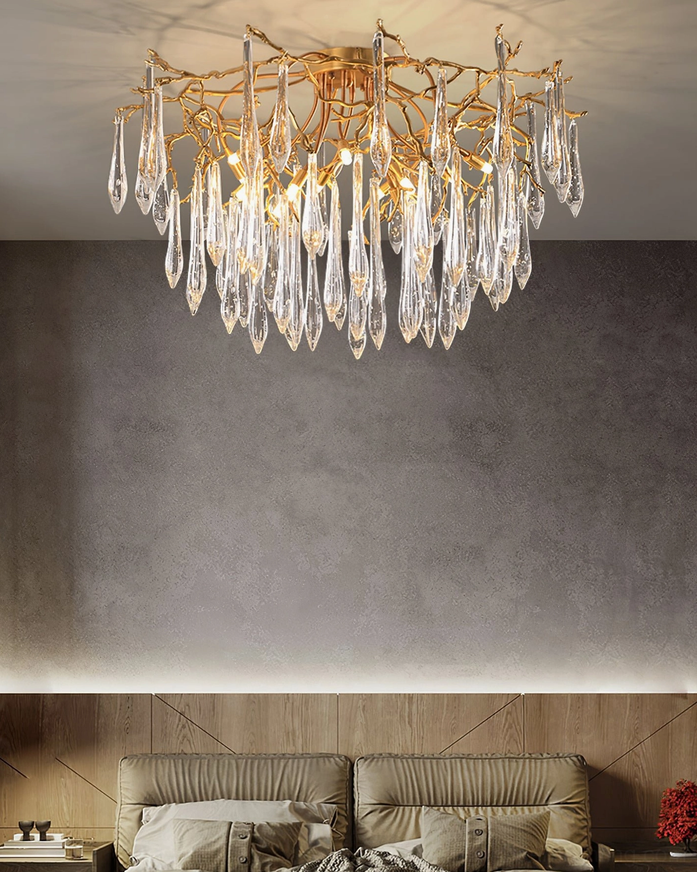 Teardrop crystal pendant lamp side view showing brass frame and clear glass droplets detail