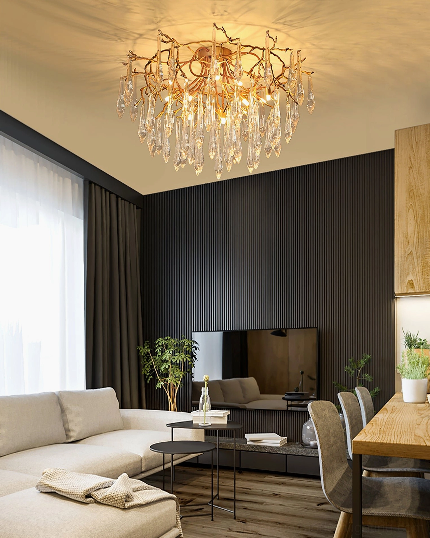 Teardrop pendant ceiling light fixture, brass and clear glass composition