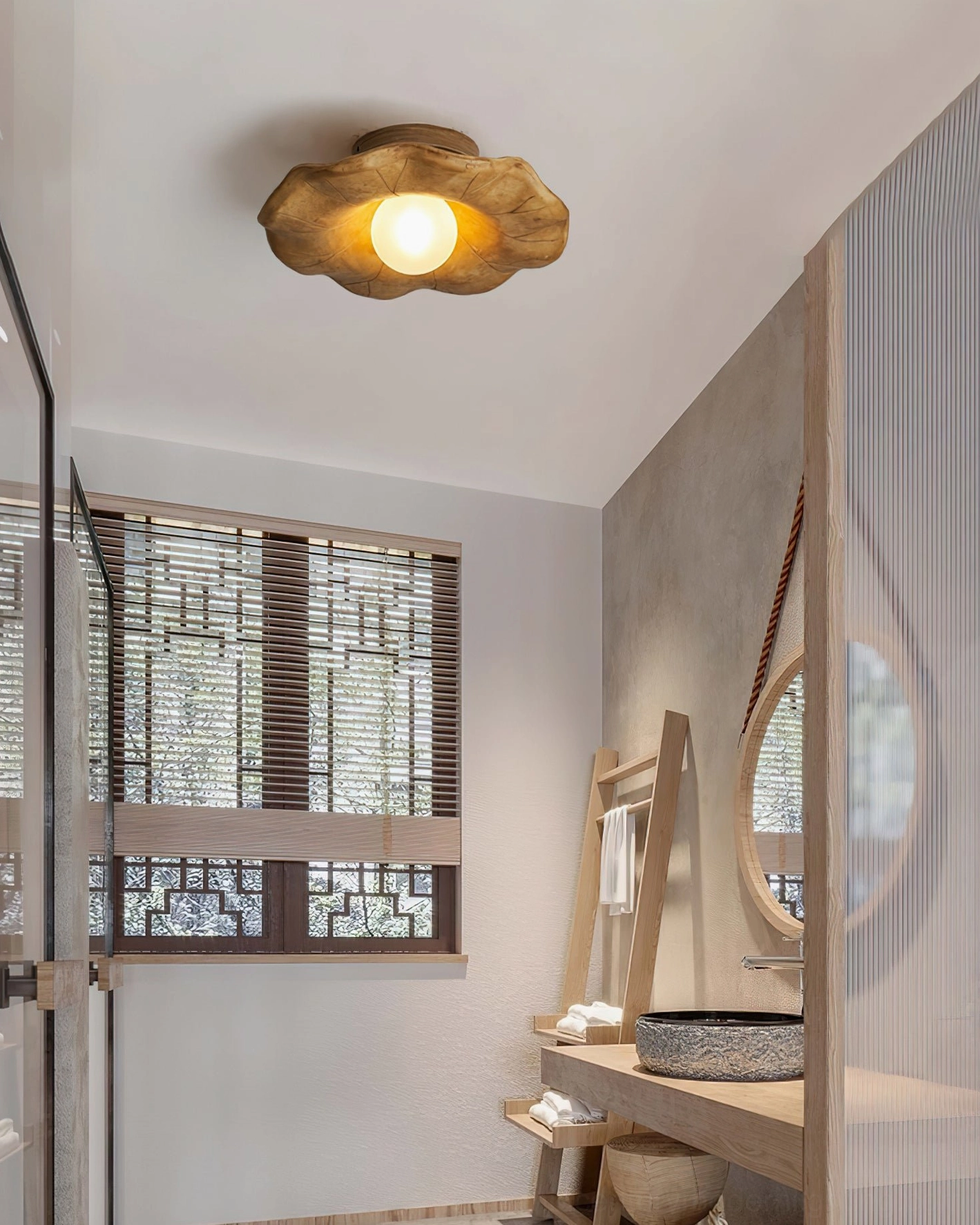 Teelin walnut ceiling light installed above vintage bathroom vanity with flower-carved shade