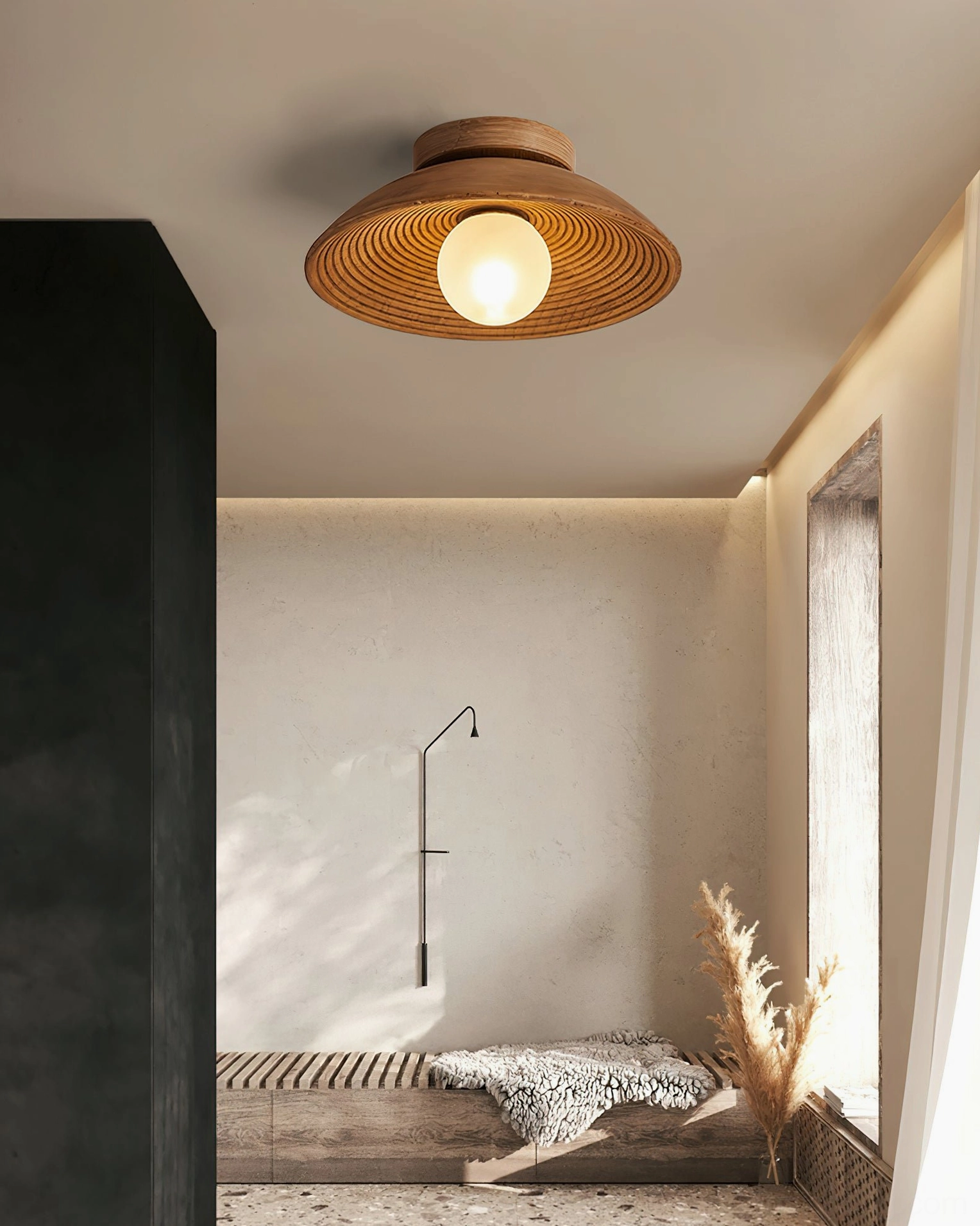 Teelin flush mount ceiling light in minimalist bedroom with warm rustic walnut finish
