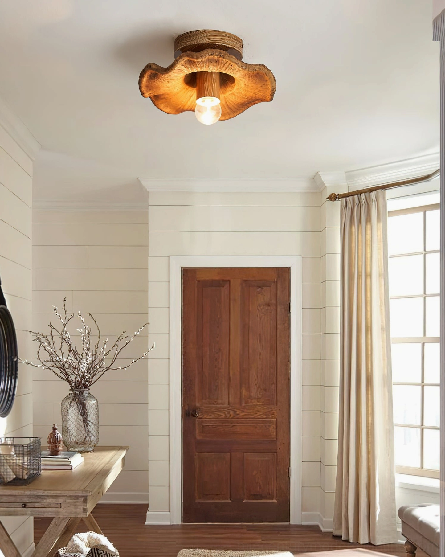 Teelin walnut ceiling fixture installed in farmhouse entryway with carved wood shade design