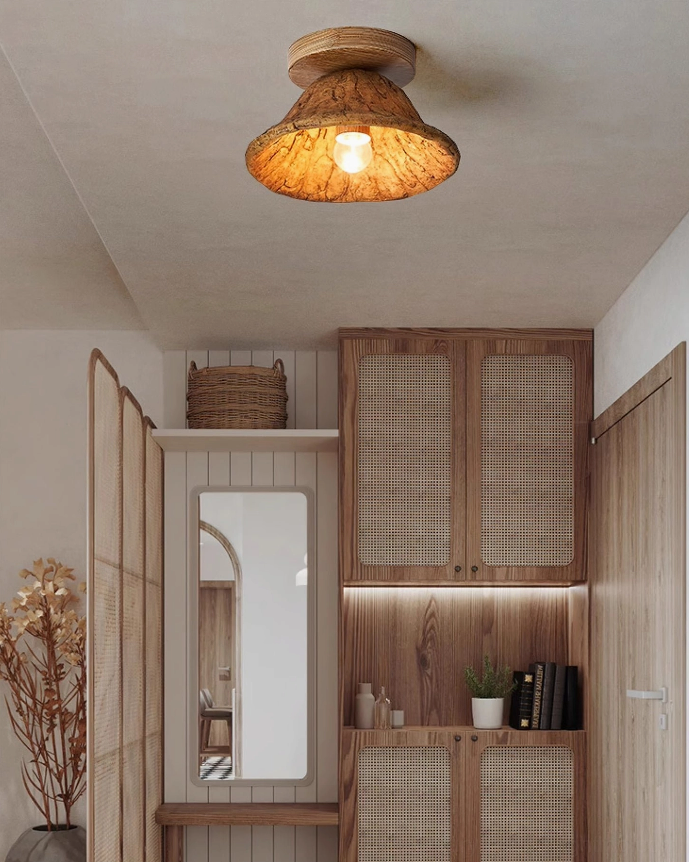 Teelin mushroom-shaped wood ceiling lamp in rustic cabinet room setting