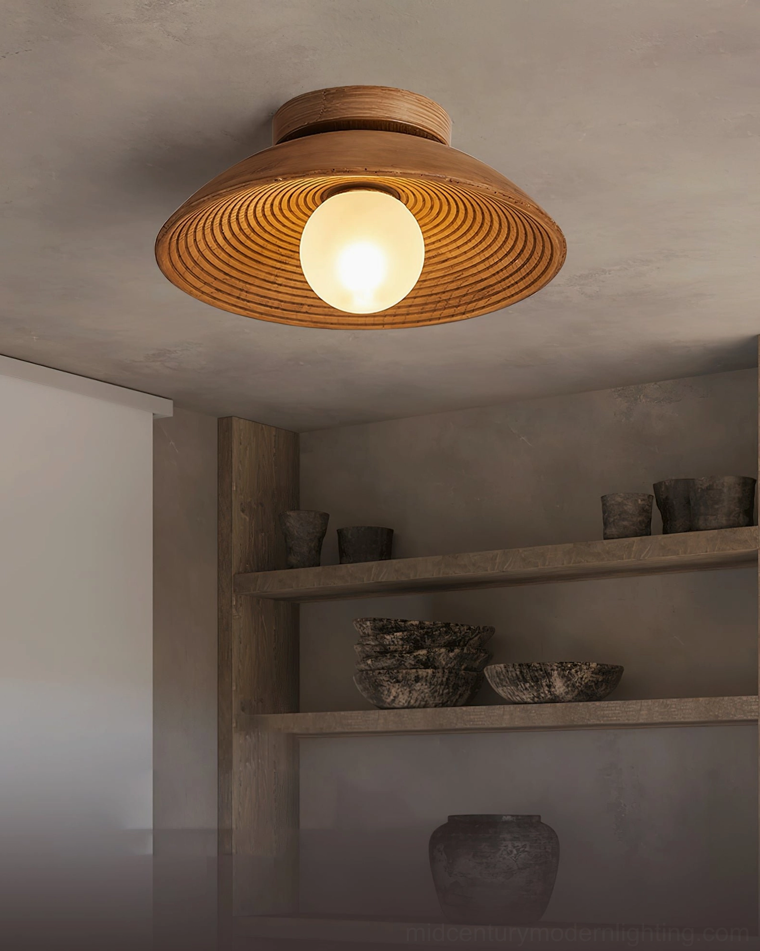 Teelin wide ribbed wood ceiling light mounted on ceiling in rustic storage area