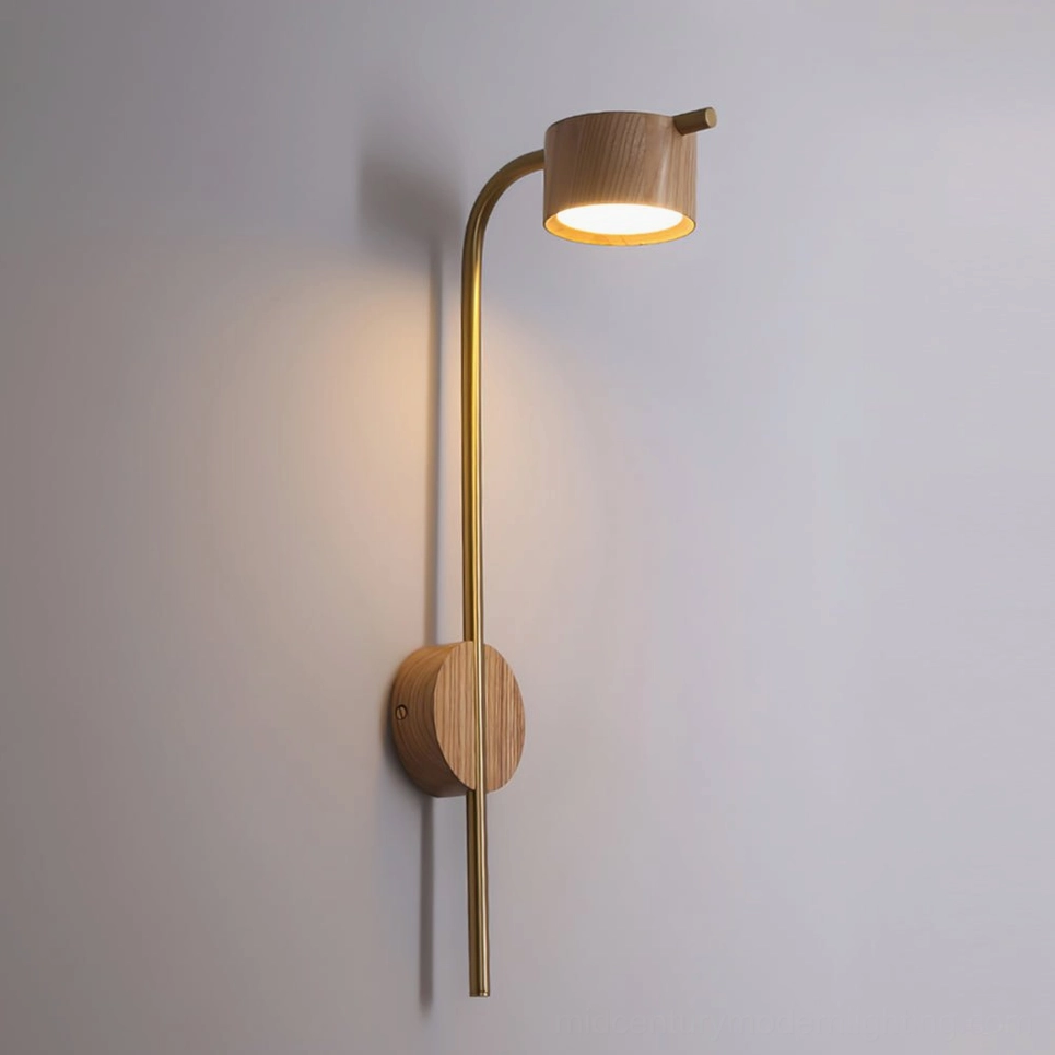 Minimalist Terence wall-mounted lamp with slender brass column and round wooden diffuser head
