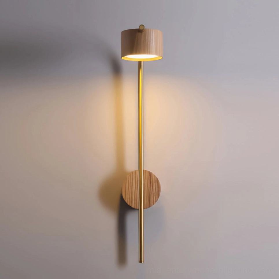 Architectural detail view of Terence sconce mounted on neutral wall showing precise brass and wood proportions