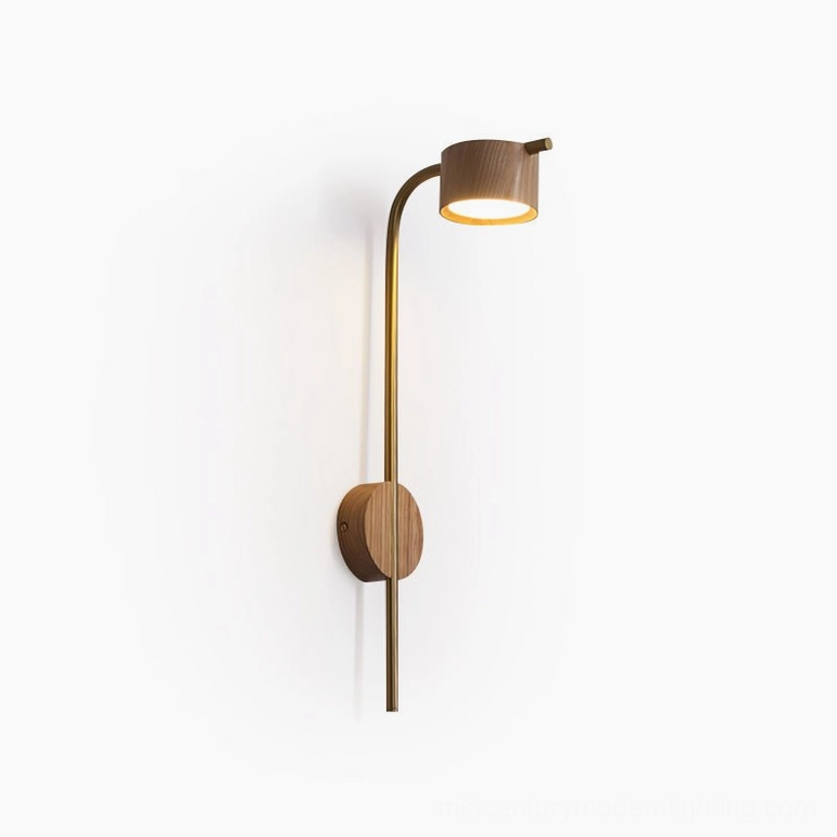Terence wall sconce natural wood color finish on white background, full product view with brass mounting