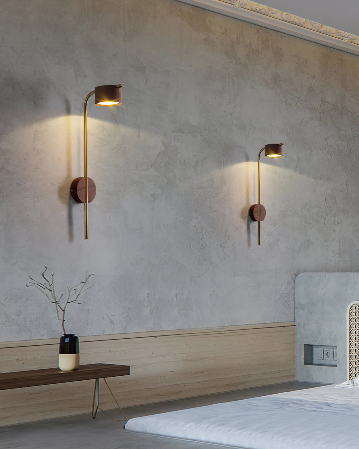 Terence arched brass wall sconce detailed profile showing elegant curved arm and wooden head intersection