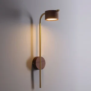 Mid-century modern wall sconce with curved brass arm and wooden head, side angle view