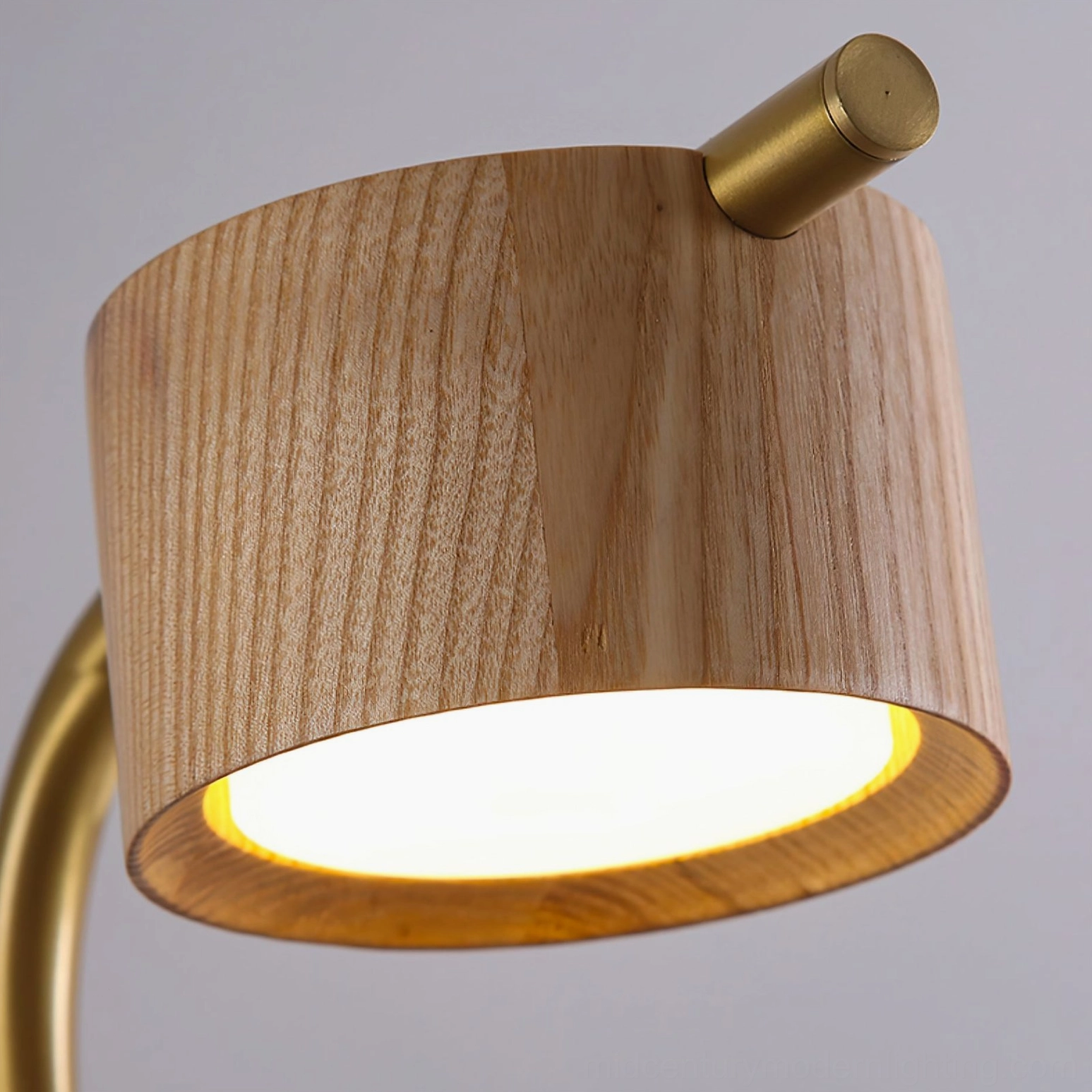 Three-quarter view of Terence wall sconce showing brass arch curve and downward-tilted wooden head design