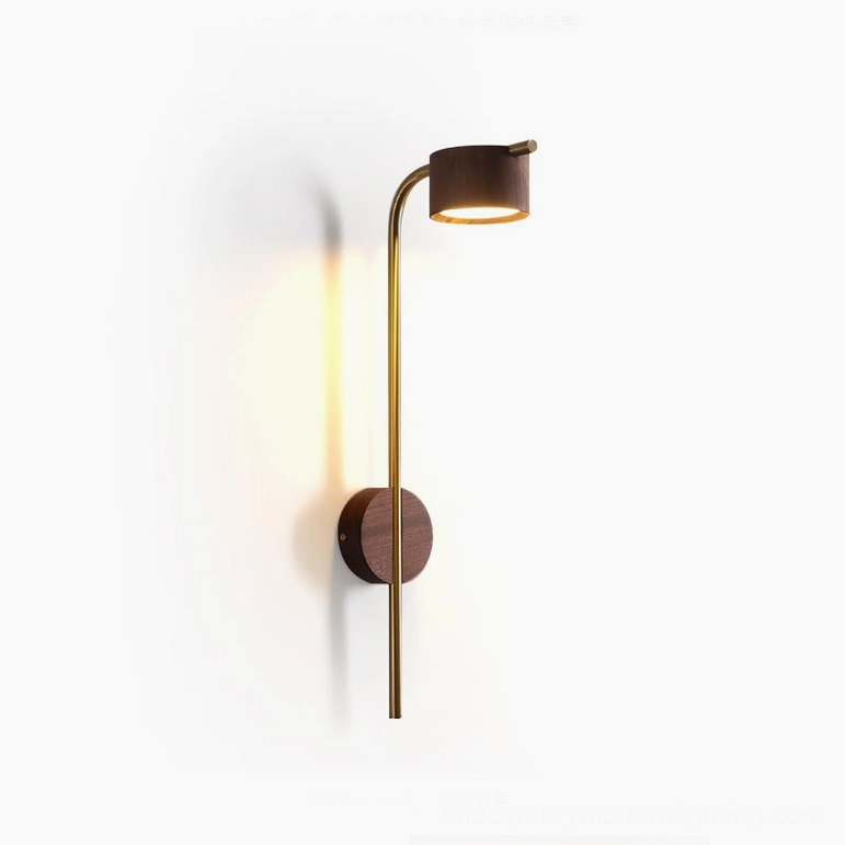 Terence wall sconce walnut color finish on white background showing complete fixture assembly and dimension
