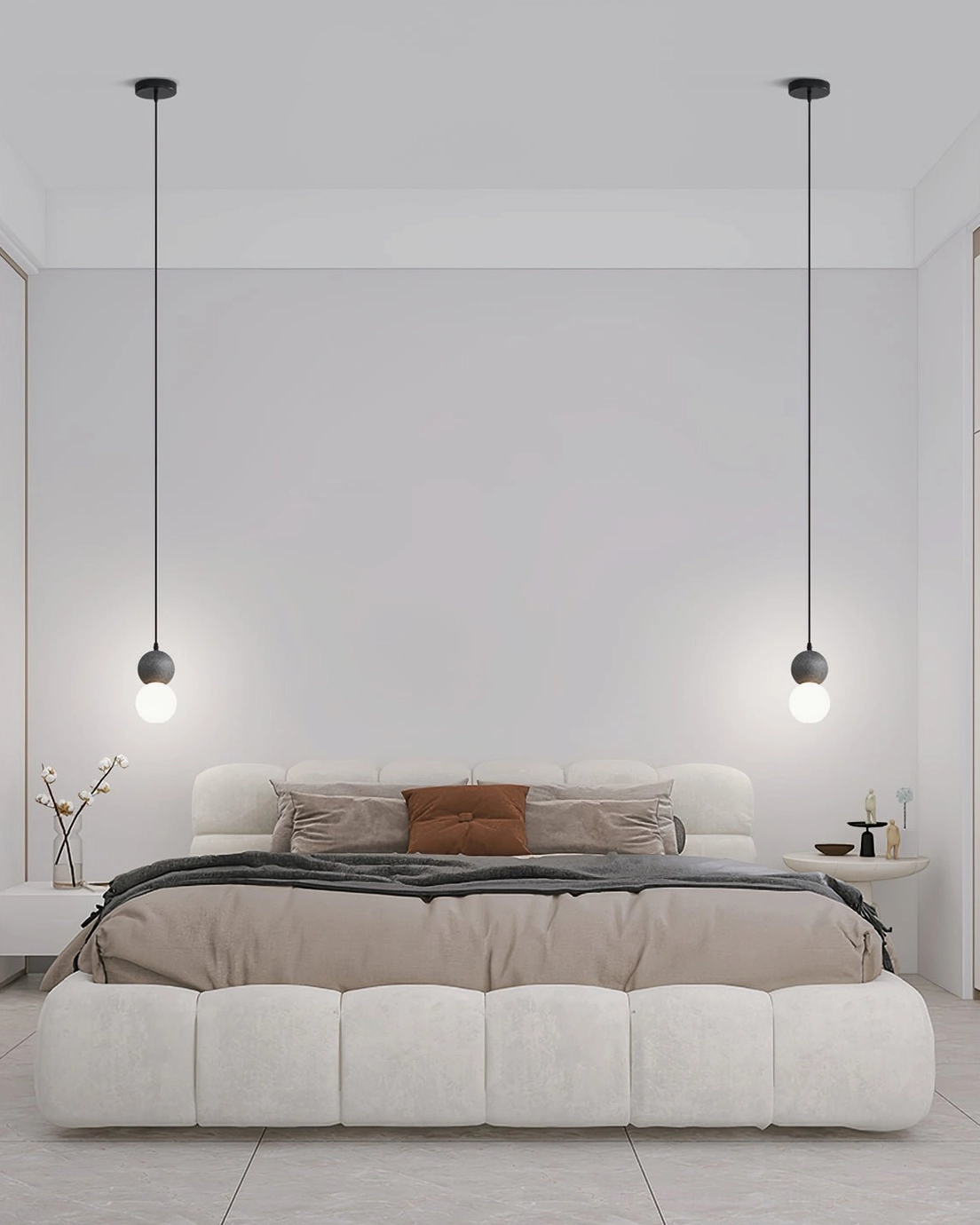Dual terrazzo ball pendant lights in modern bedroom, upholstered bed setting