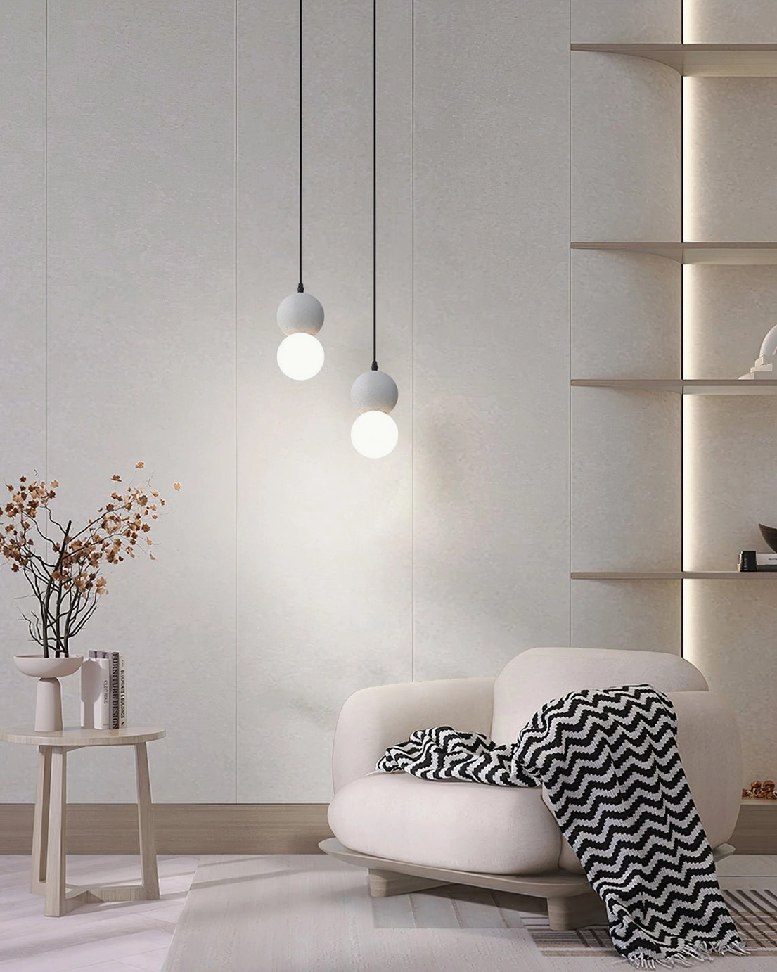 Two terrazzo ball pendant lights in living room with sofa, minimalist nordic style