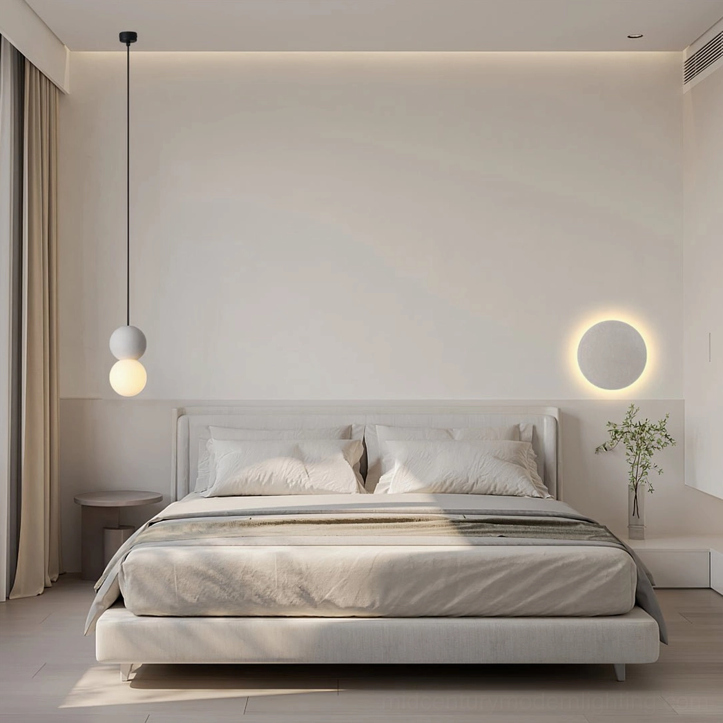 Single terrazzo ball pendant in master bedroom, minimalist nordic lighting