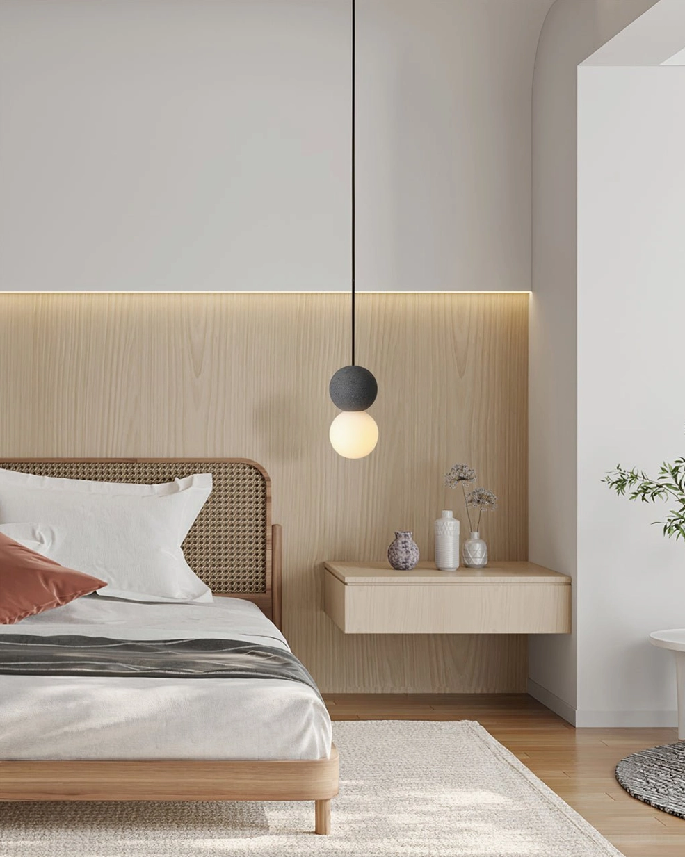 Terrazzo ball pendant light bedside with wood tones, grey white japandi design