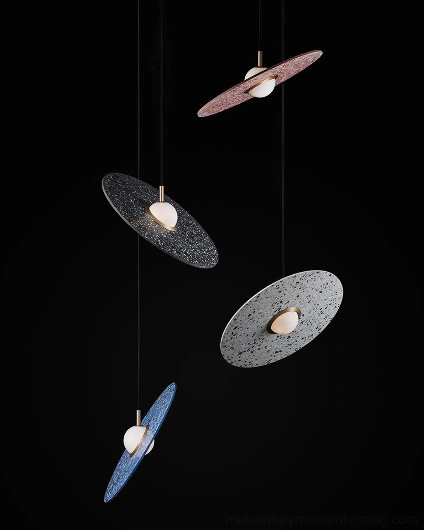 Planet pendant light illuminated showing integrated LED warm light through acrylic diffuser
